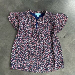 Navy Floral Smocked Short Sleeve Top
